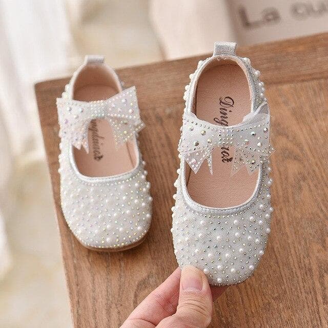 New Girls Single Princess Shoes Pearl Shallow Children's Flat Shose Kid Baby Bowknot Shoes Spring Autumn 27 silver
