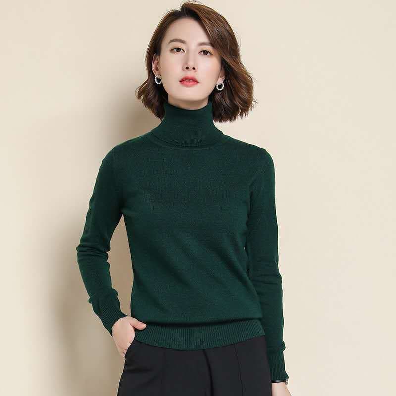 Wool Pure Cashmere Sweater Women's Knitted Turtleneck Cashmere Pullover Elasticity Pull High Neck Knitting Sweaters M dark green