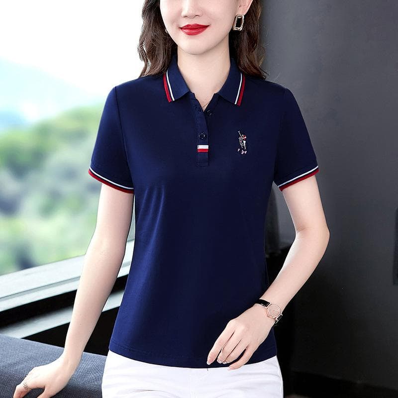 New Lapel Summer Polo T-shirt for Women Summer Short Sleeve Loose Casual Mom Top Large Size T-shirt M