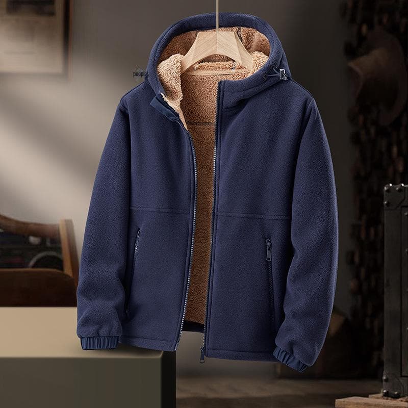 Men's Heavyweight Fleece Hooded Jacket - Thick, Warm, Casual Lamb Fleece Cardigan for Autumn and Winter. 5XL dark blue