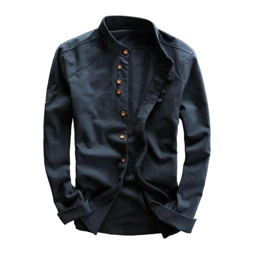 Fall Winter Shirt Stand Collar Long Sleeve Thick Single-breasted Cardigan Solid Color Soft Warm Retro Slim Fit Mid Length Casual M navy blue