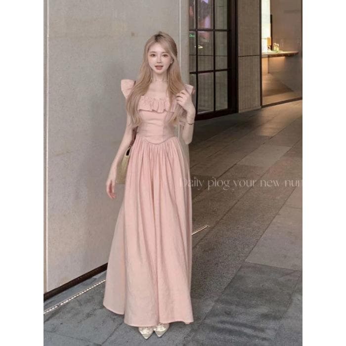 Summer Sweet Feifei Sleeve Square Neck Pink Long Dress XL