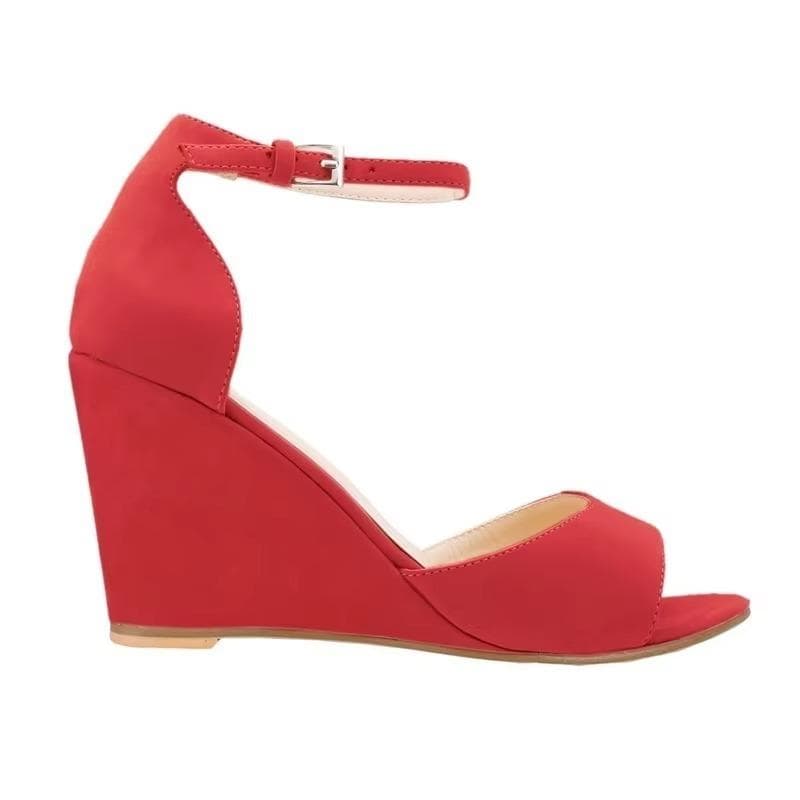 Women's 80mm Open Toe Ankle Strap Buckle Wedge High Heels Sandals Party Wedding Dress Ladies Sexy Shoes LOSLANDIFEN 36 red