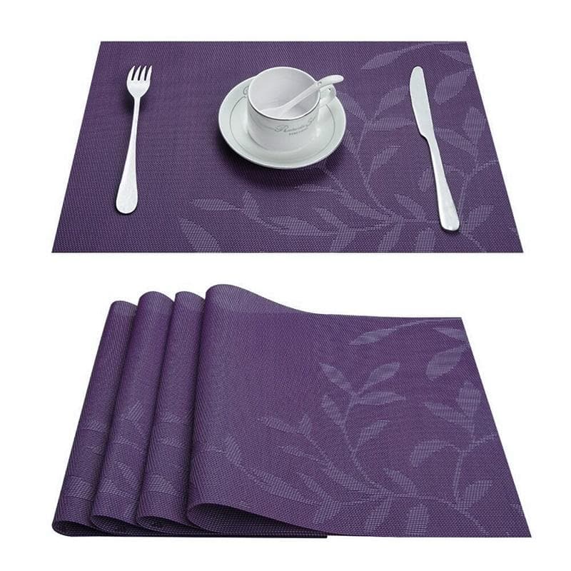 4pcs Table Mat Leaf Print PVC Placemat Modern Kitchen Table Pads Cup Coasters for Coffee Dining Table Napkins Home Decoration purple
