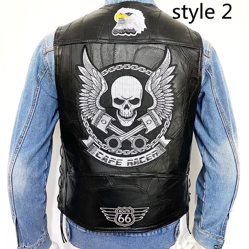 Club Genuine Leather Harley Tank Top Men's Plus Size Sheepskin Motorcycle Embroidered Leather Vest XL