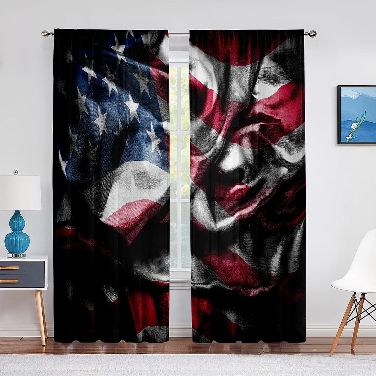 Independence Day American Flag Tulle Curtain for Bedroom Window Decorations Living Room USA Stripes Chiffon Sheer Curtain Drapes 1 PCS W100XH250cm&Grommet Top