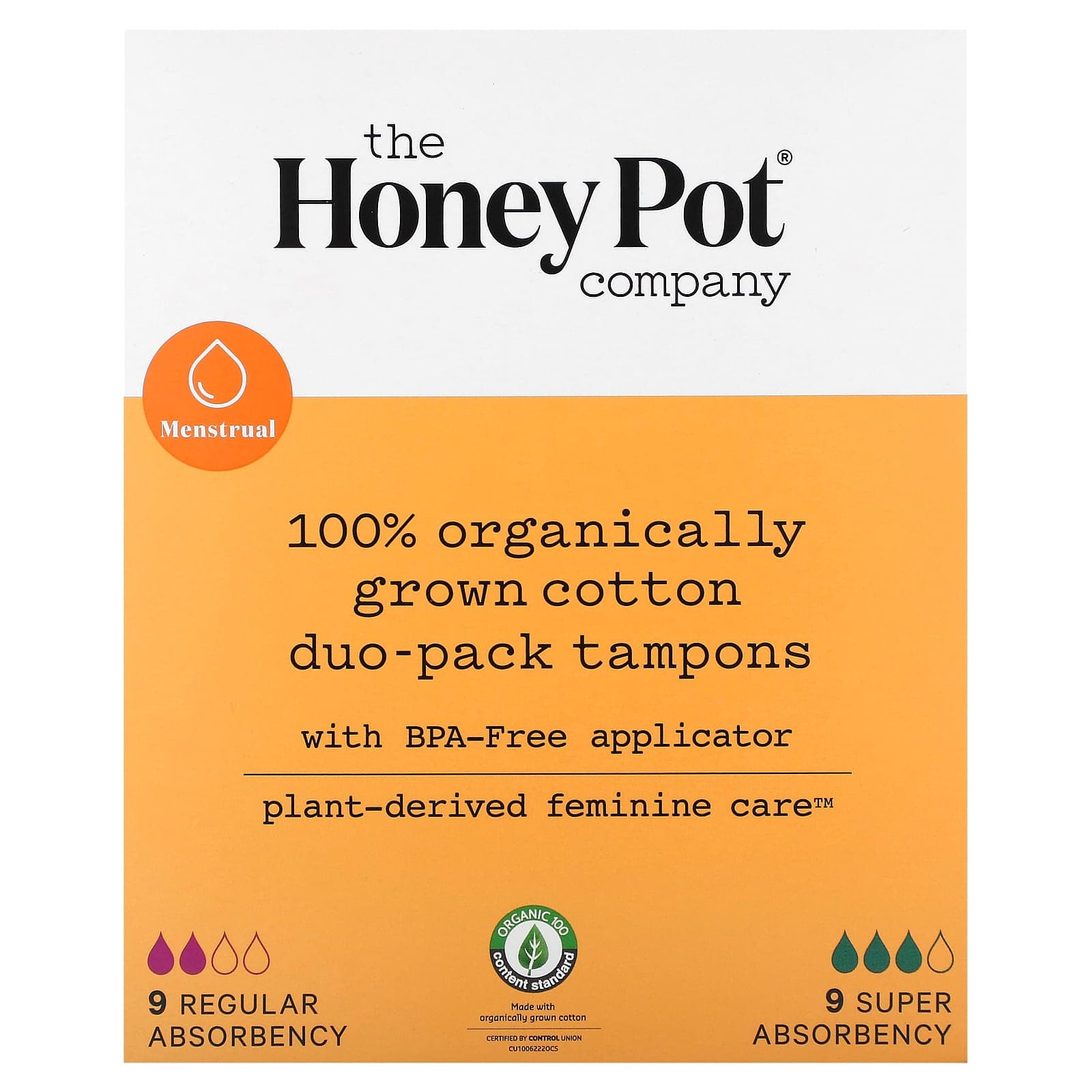 The Honey Pot Company, 100% Organically Grown Cotton Duo-Pack Tampons, Regular and Super Absorbent, 18 Count
