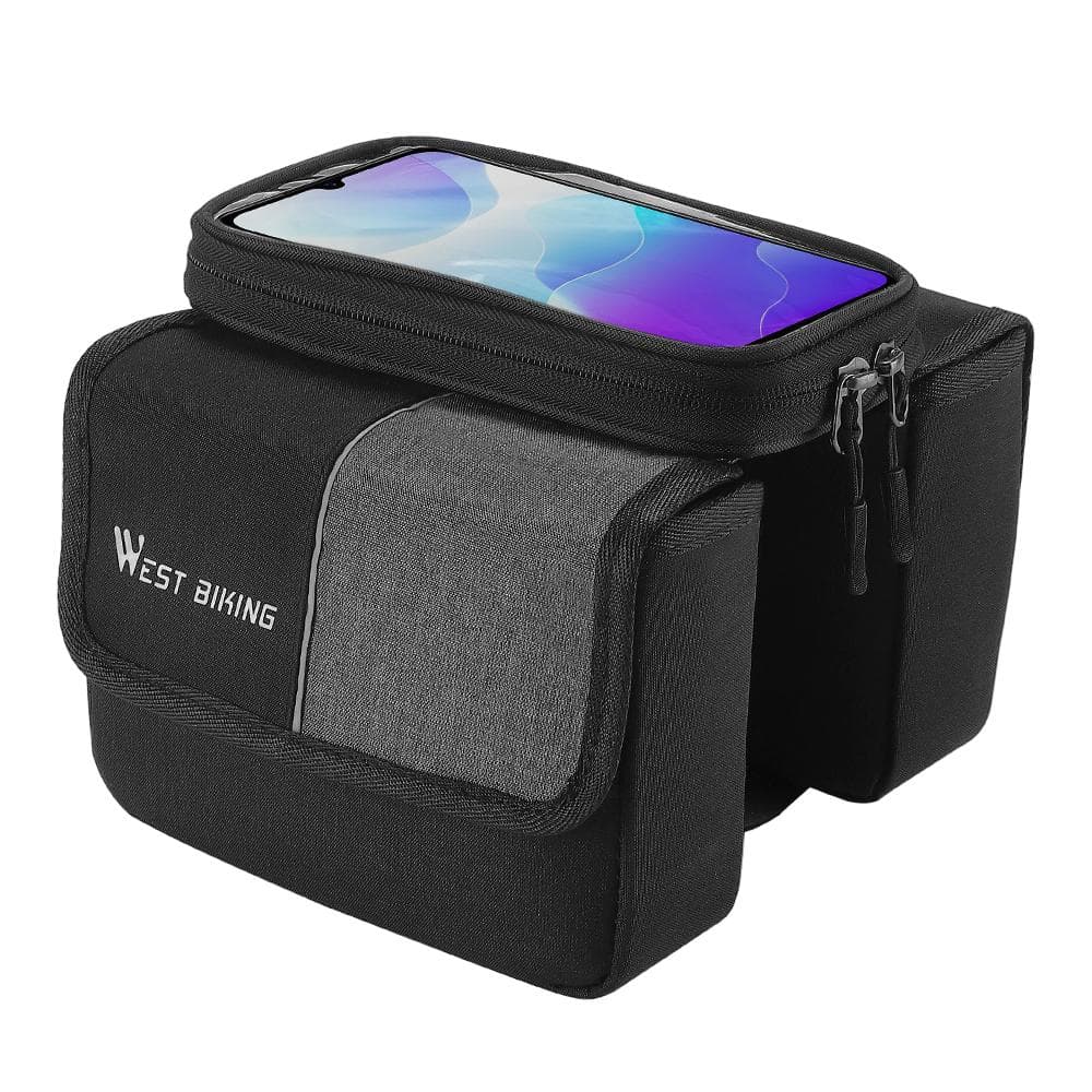 Dual-Sides 2L Bicycle Bag Bike Frame Fronttube Bag Touchscreen Mobilephone Bag Double Zipper black
