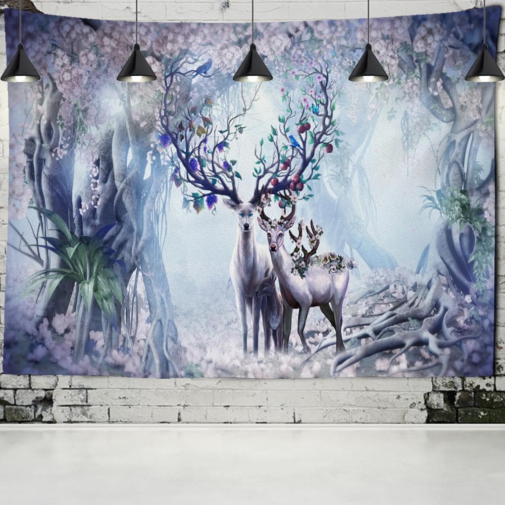 Colorful Cartoon Elk Forest Tapestry Wall Hanging Psychedelic Witchcraft Hippie Nature Scenery Home Decor Background Cloth 95x70cm
