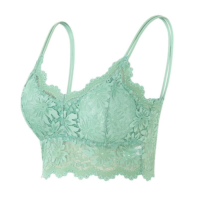 32A-95C Women Sleeveless Lace Vest Bra Cropped Top Camisole Padded Tank Tops Fitness Underwear Floral Lace Bralette 7 Colors XL/2XL green