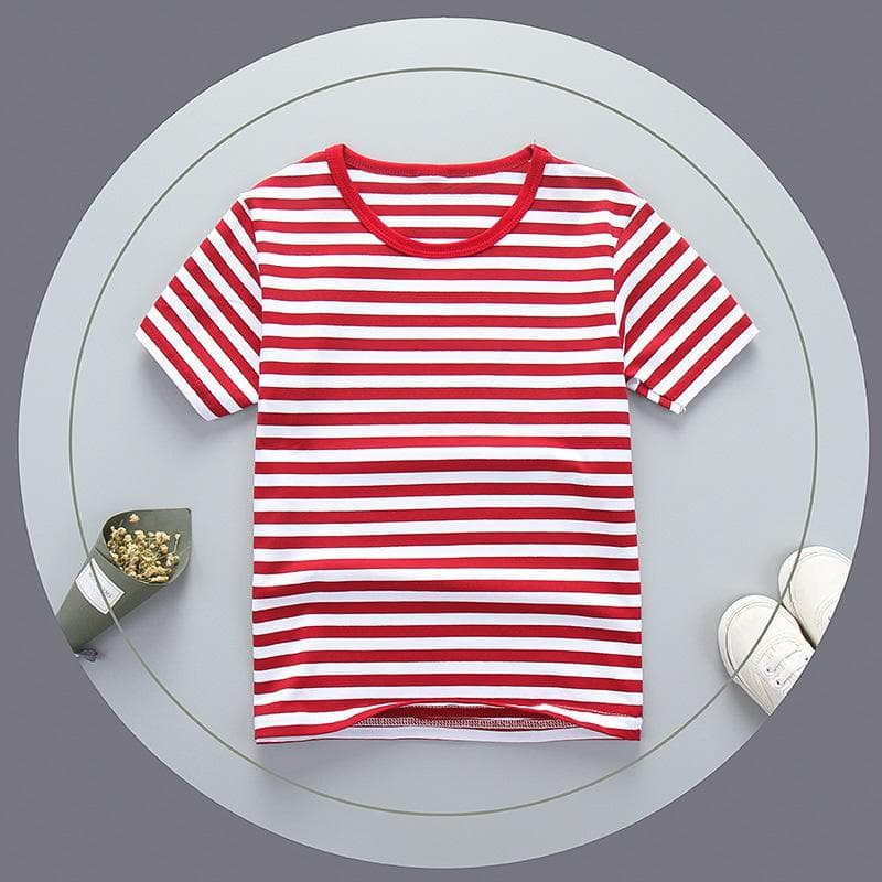 Summer Children's Round Neck Short-sleeved Pure Cotton Striped T-shirt Hot Weather Stretch 105cm red