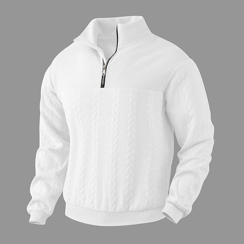 American Retro Knit Jacquard Stand-Up Collar Pullover – Loose-Fit Autumn/Winter Long-Sleeve Sweatshirt S white