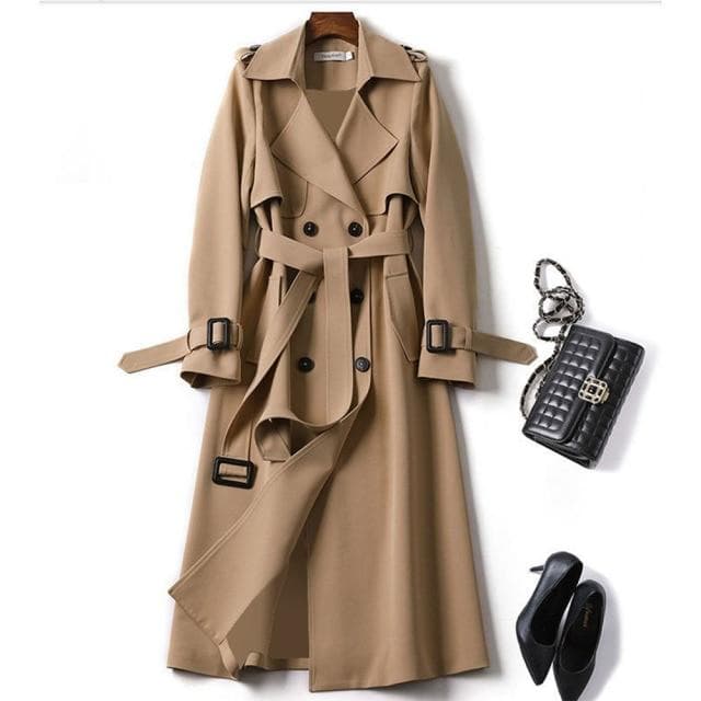 Women's Windbreaker Long Spring And Autumn Solid Color Temperament Long-sleeved Lapel Double-breasted Japanese XL khaki