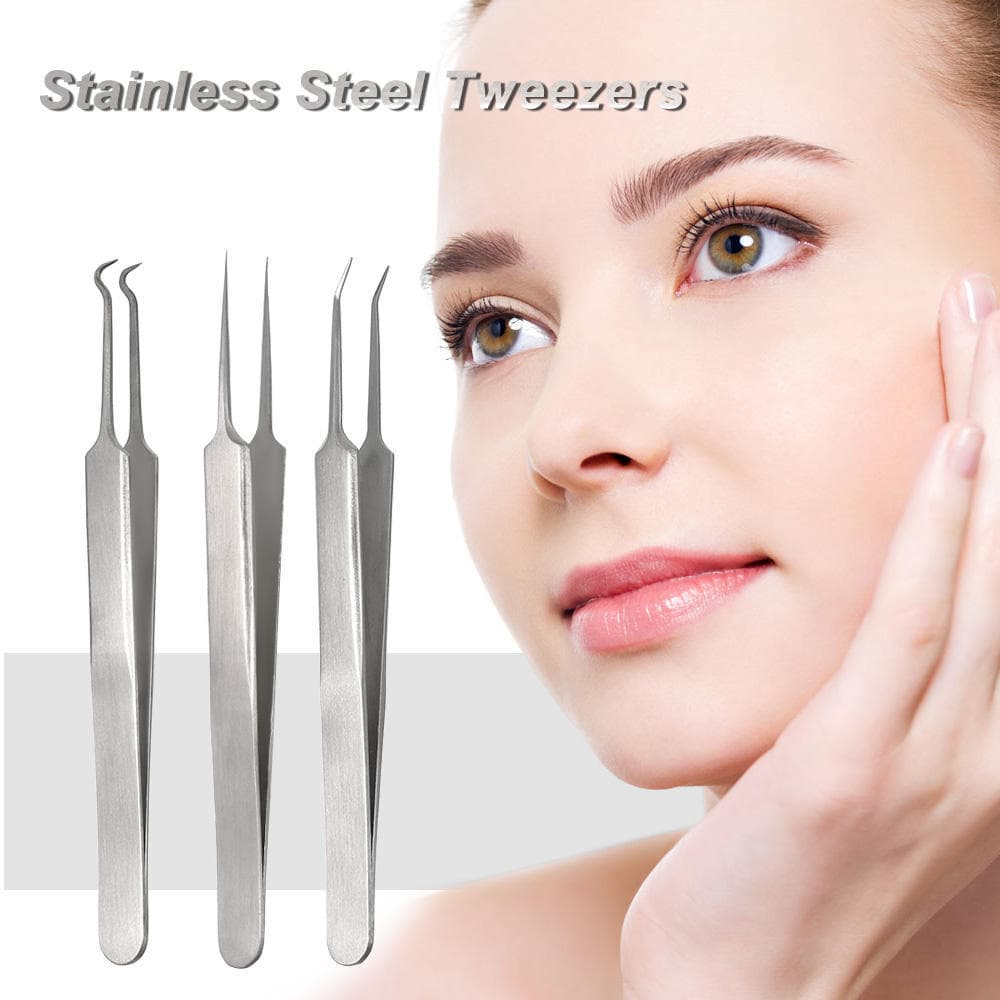 3pcs Acne Clip Facial Pimple Comedone Nippers Curved Straight Blackhead Tweezer Set Stainless Steel