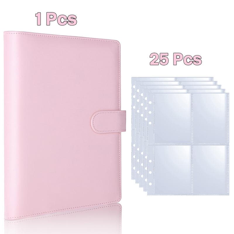 4-Compartment Inner Page Kpop Photocard Binder 6 Ring A5 Binder Card Collection Refillable Card Photo Storage Album with 100 Card Slots Shell + 25pcs binder pink