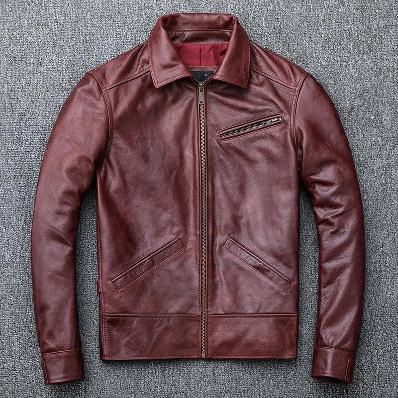 Men's Genuine Leather Jacket, First-layer Cowhide Retro Nostalgic Lapel Motorcycle Leather Jacket XL