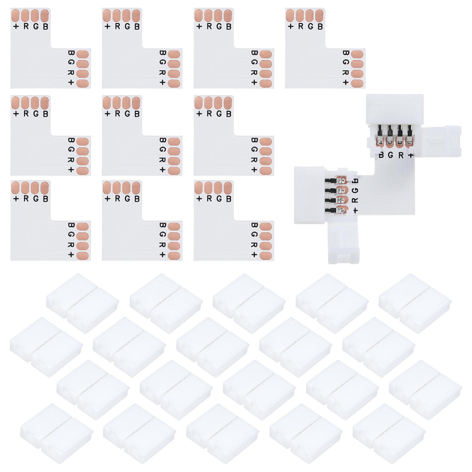 10Pcs LED Strip Connectors L Shape 4-Pin with 20Pcs Connector Clips for RGB SMD 5050 3528 LED Light white