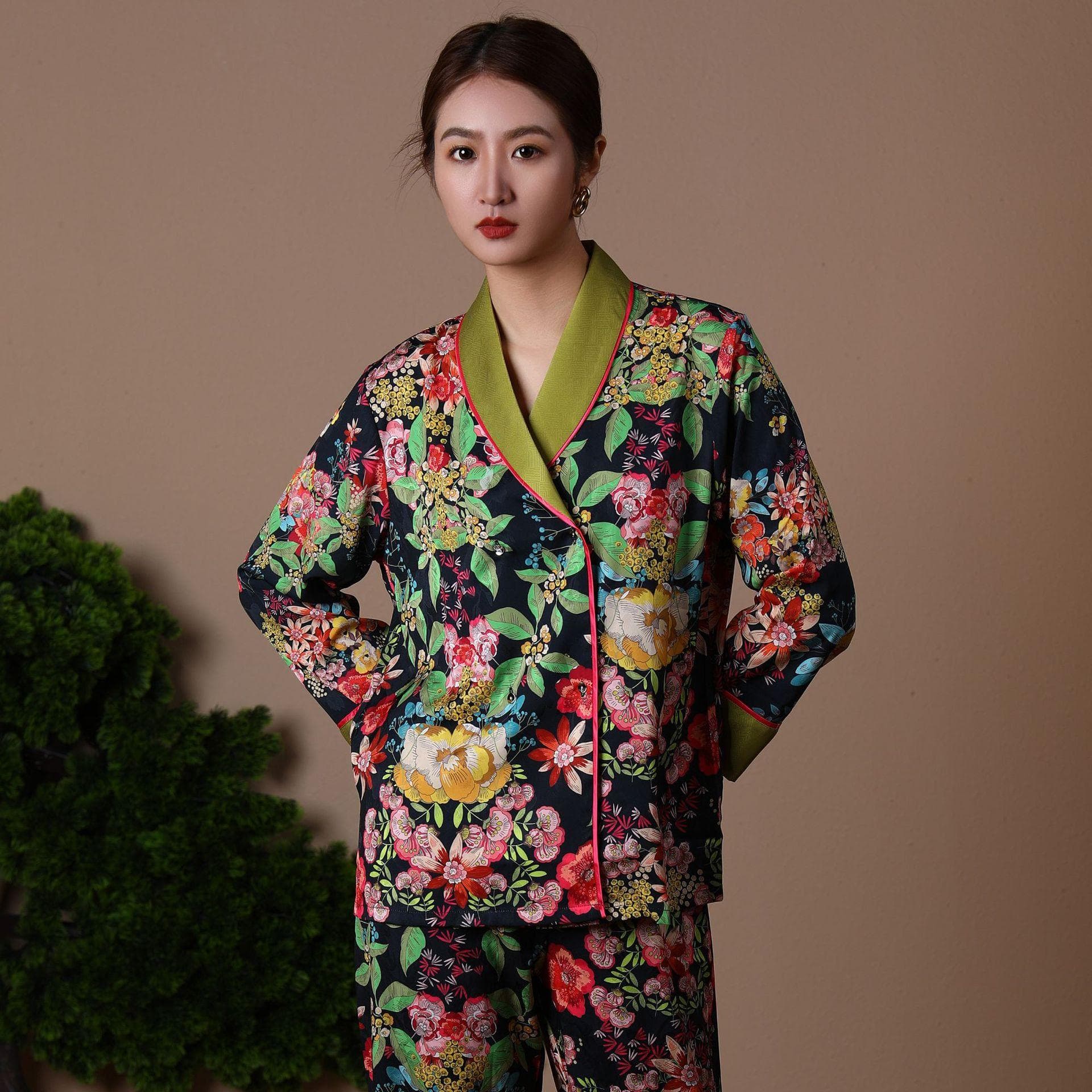 Pajamas for Women Outfits V Neck Flower Print Sleepwear Satin Home Clothes Loose Nightwear 2 Piece Suit Pijama XL