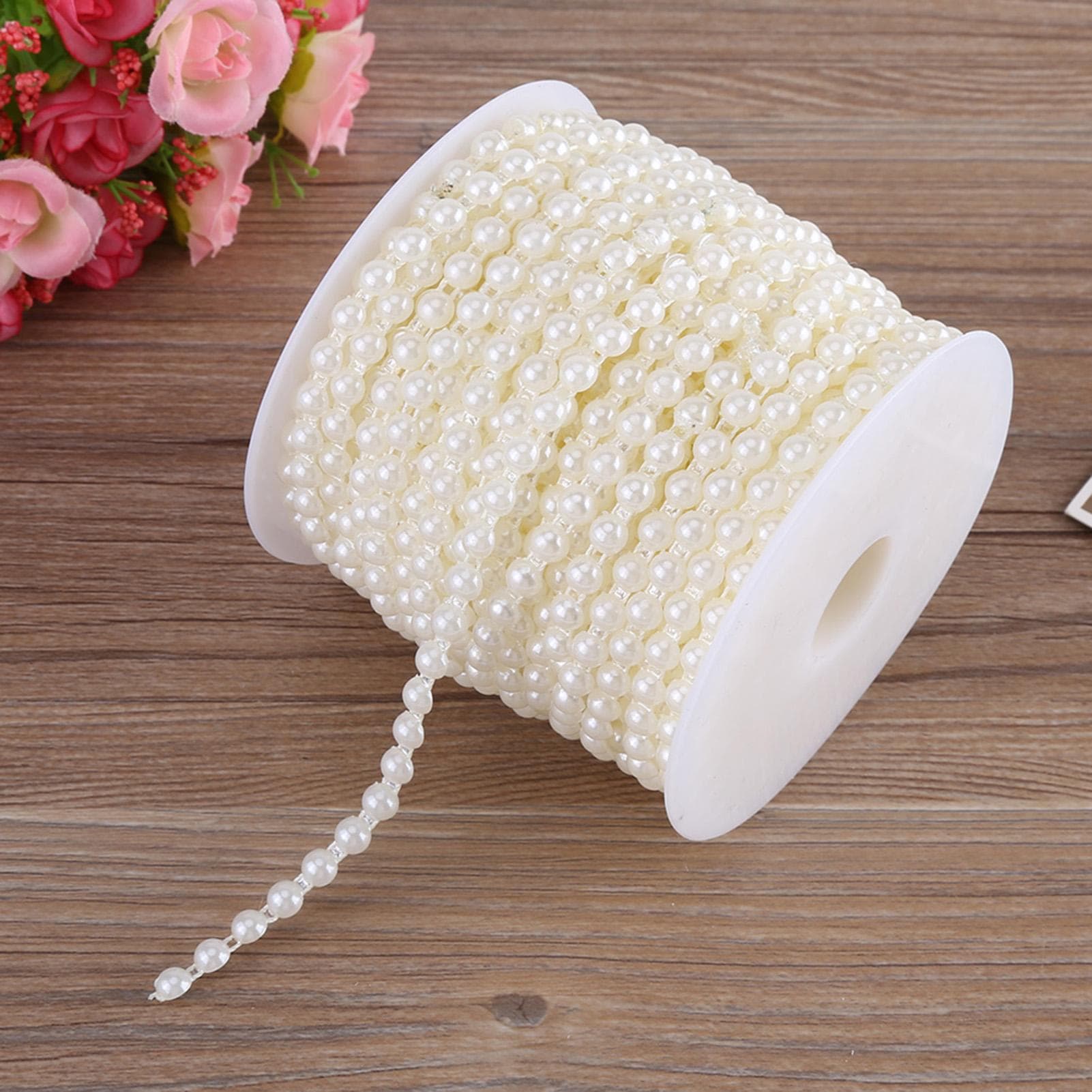25MRoll Double Cotton Line Imitation Half Round Pearls Beads Chain Garland for Wedding (beige)