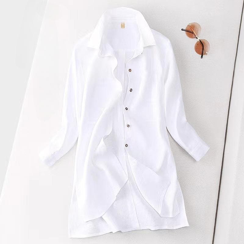 Spring Japanese Korean Cotton Linen Shirt for Women Long Sleeved Loose Oversized Medium To Long Linen Top M white