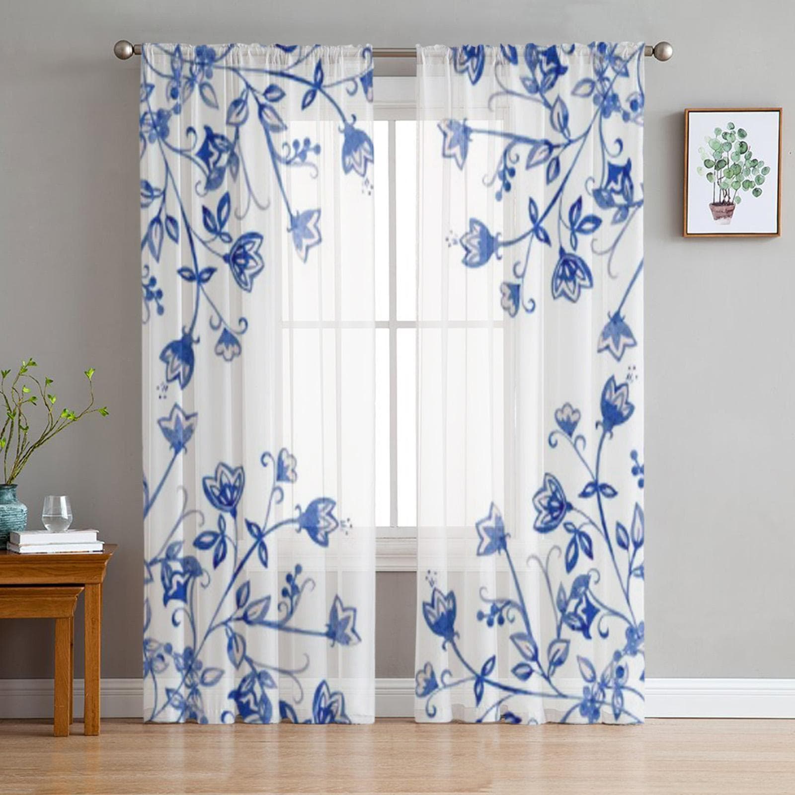 Ornament With Watercolor Blue Flowers Tulle Sheer Curtains for Living Room Bedroom Kitchen Decoration Voile Organza Curtains 135W x 114H(cm)