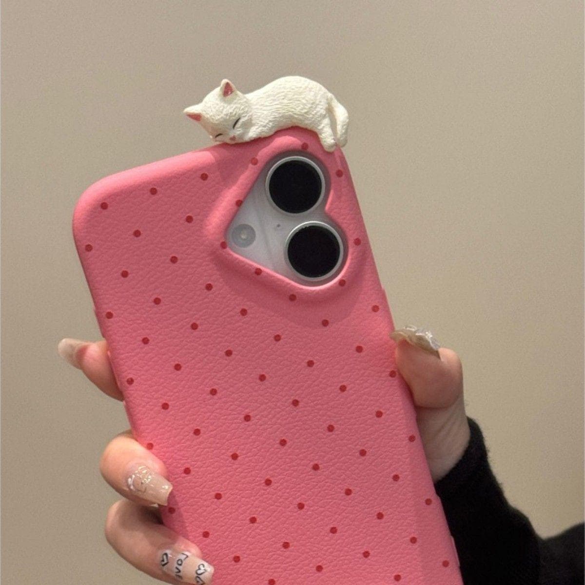 Heart Polka Dot Cat Phone Case for Apple iPhone 17 Pro Max - Soft Silicone Shockproof Creative Cover on iPhone 16/15/14/13/12/11/Pro/Pro Max/Plus Apple 14pro pink