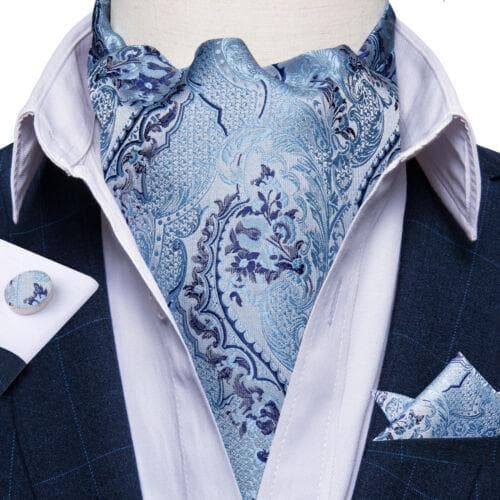 Mens Ascot Silk Cravat Blue Paisley Tie Handkerchief Cufflinks Set Formal Party LDAS2086