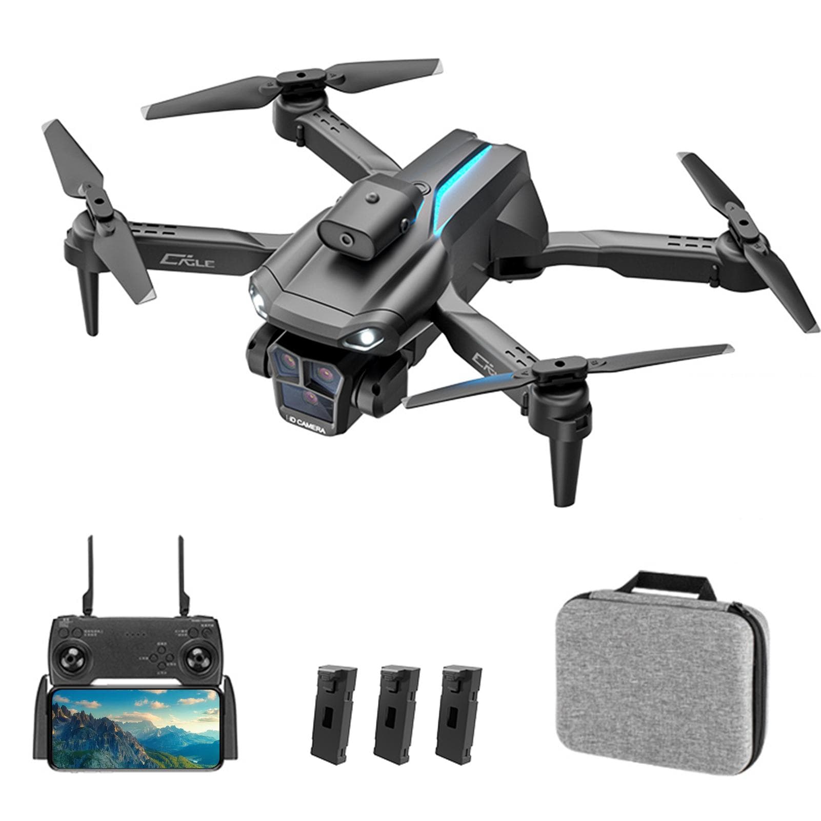 Remote Control Drone with Camera 4K 3 Front Camera 2 Bottom Camera Obstacle Avoidance 5GWiFi FPV 3 battery black