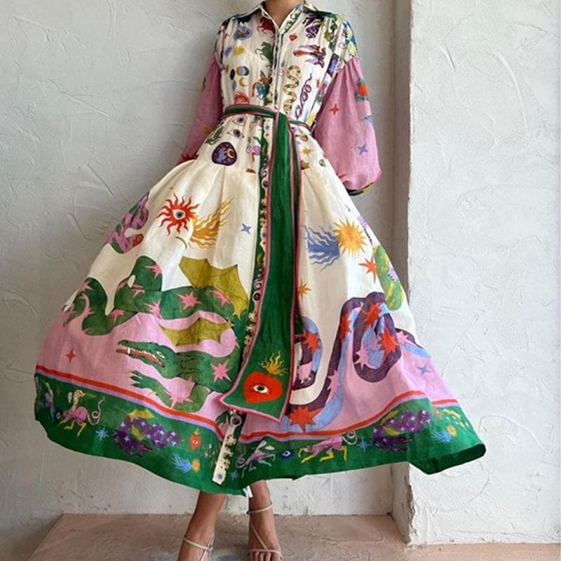 Women's Lantern Sleeve Printed Lapel Waist Long Sleeves Spring Dress for Women 2XL