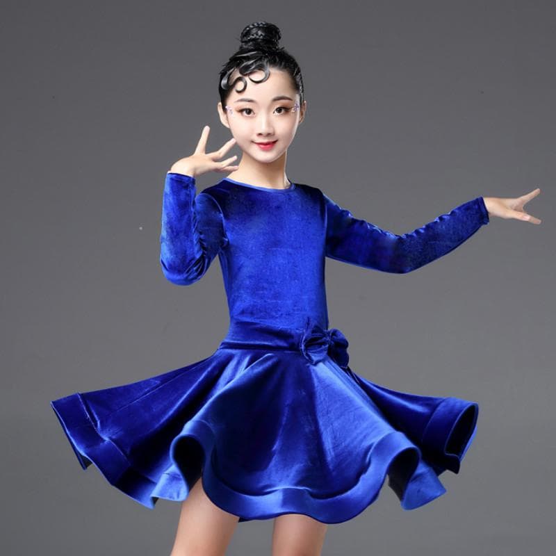 Girls Velvet Latin Salsa Dance Dress Gymnastics Dancewear Ballroom Dancing Costume 160 blue