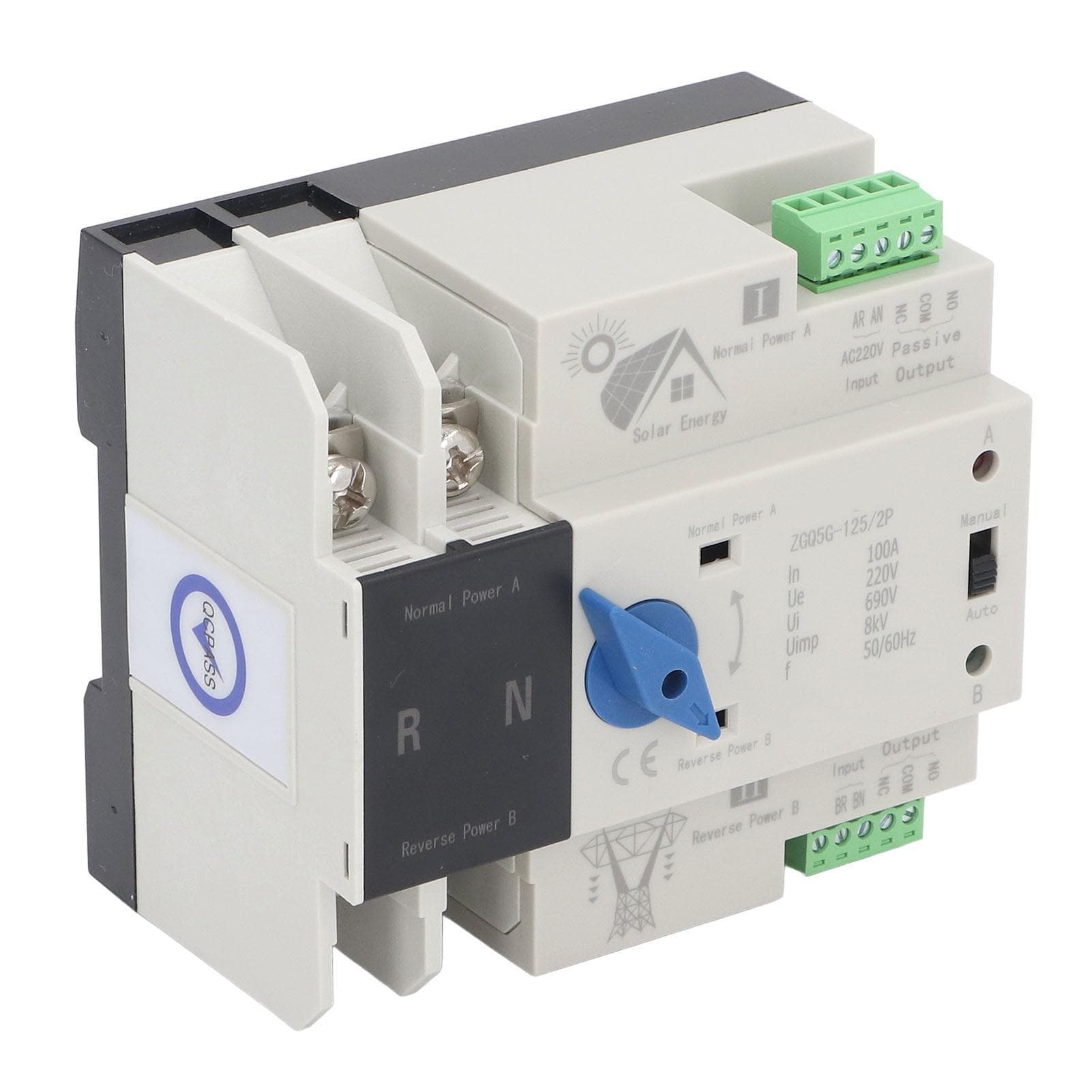 Dual Power Automatic Transfer Switch 2P 100A Solar Isolation Fast Switching Controller 220V