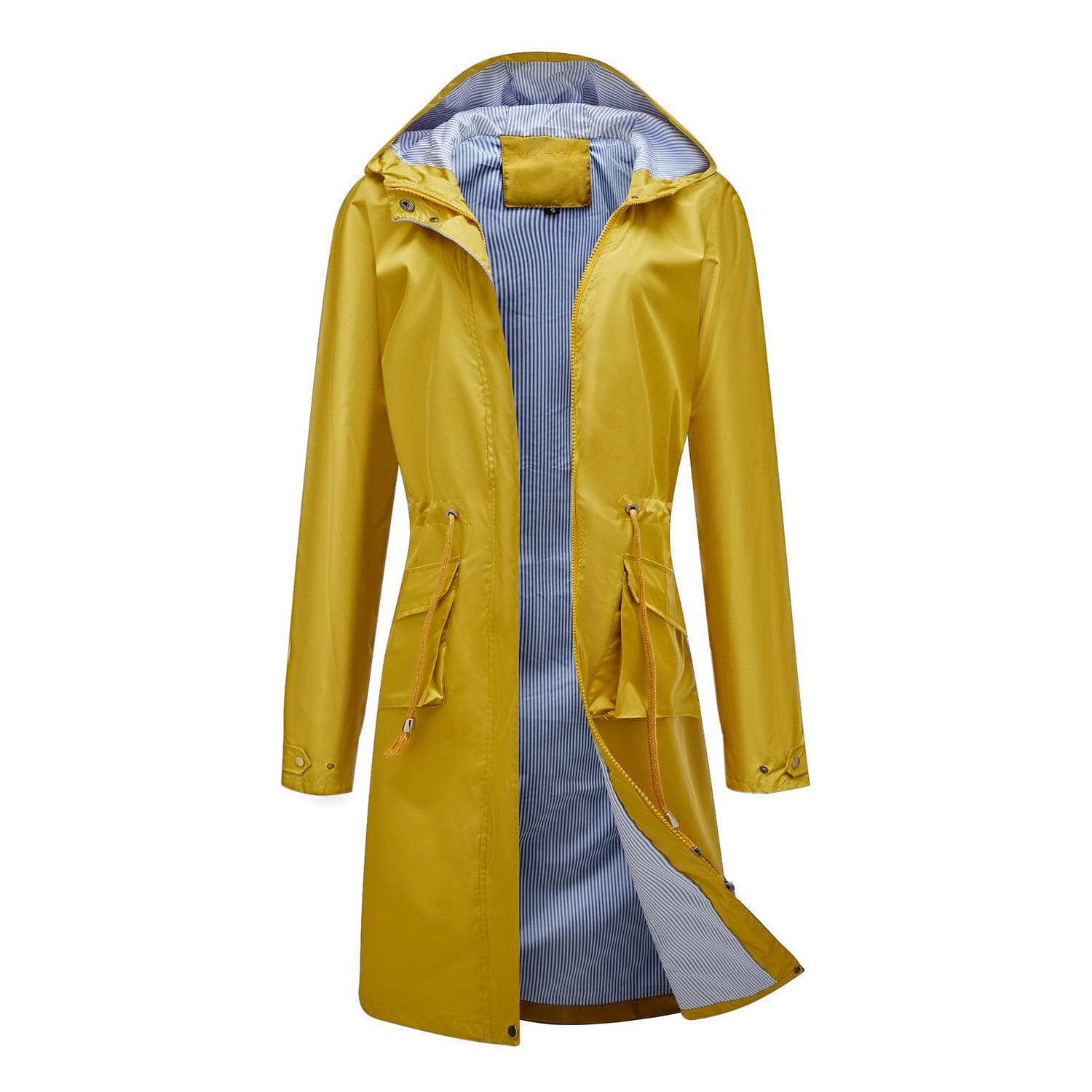 Spring and Autumn Long Casual Windbreaker Women's Water-Repellent Hooded Solid Color Top Striped Lined Straight Jacket M