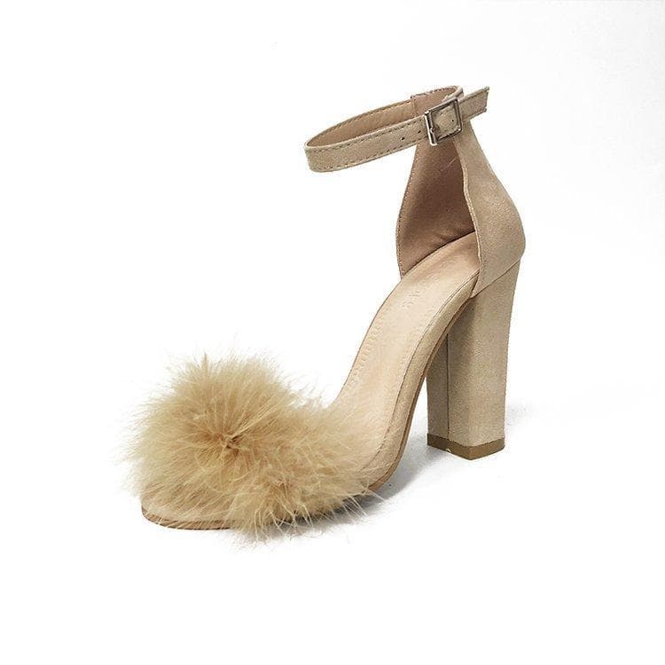 Women Summer Sandals Fluffy Peep Toe High Heels Feather Lady Wedding Shoes Large Size 40 beige