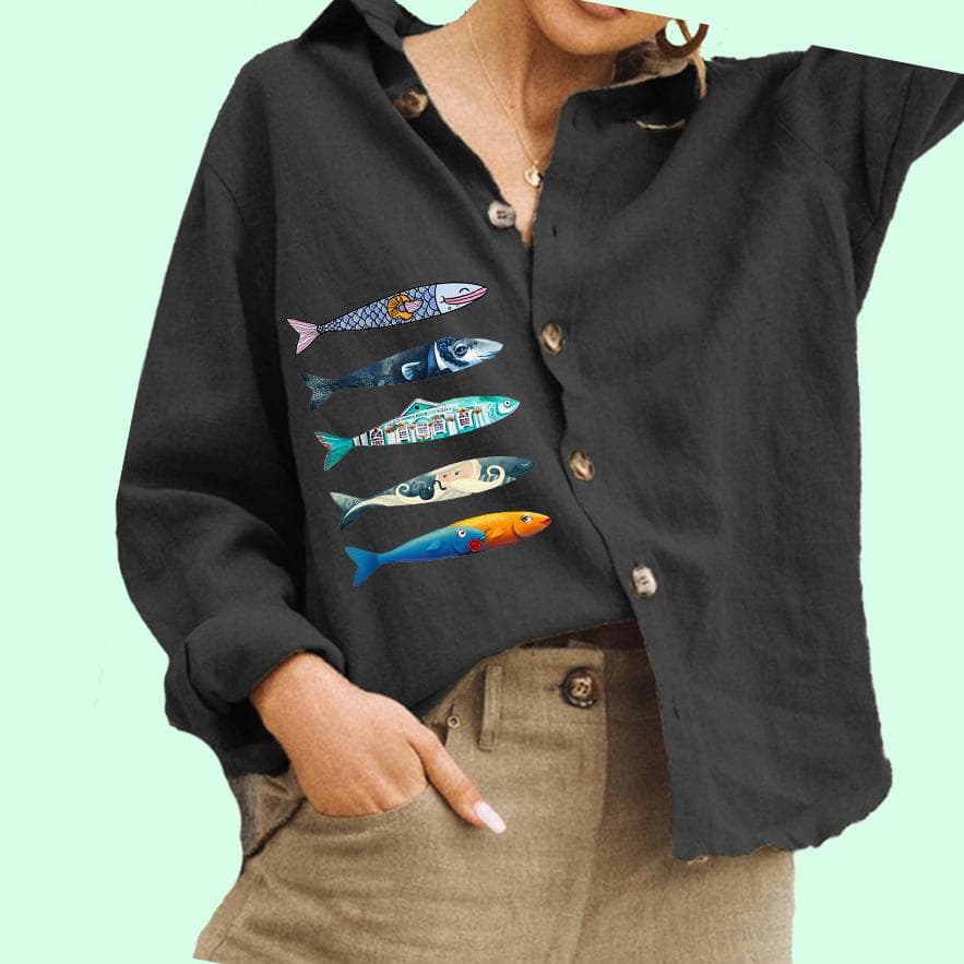 Women Fashion Button Down Shirt Casual Cotton Linen Top Ladies Fish Print Blouse M black