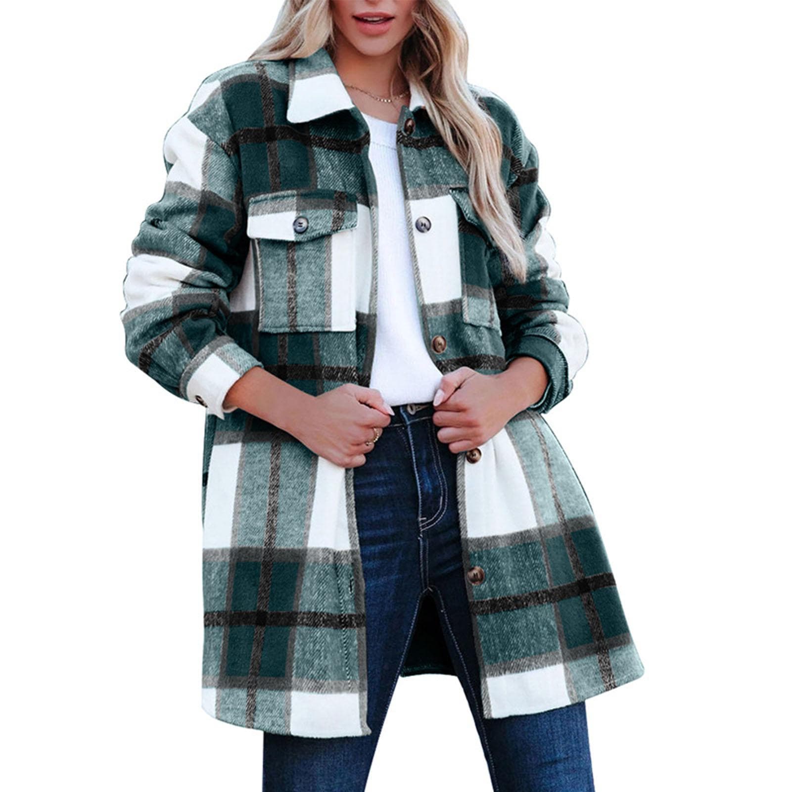 Women Long Sleeve Shacket Drop Shoulder Loose Fit Plaid Shirt Jacket with Chest Pockets Blue XXL XL green