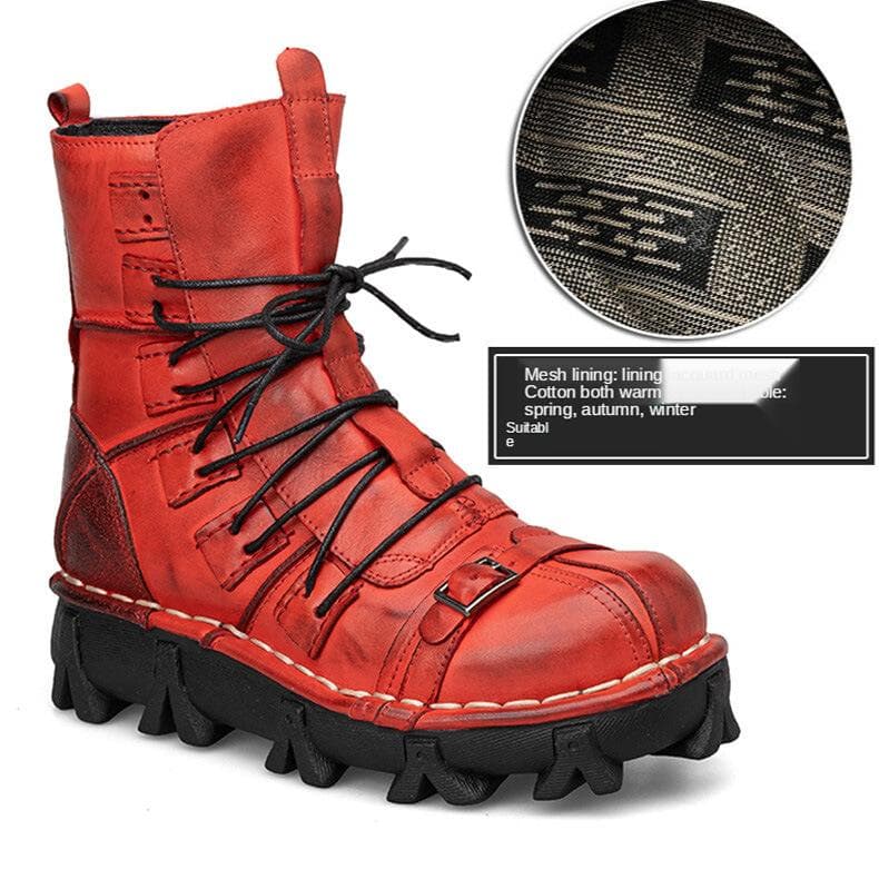 Men Genuine Leather Motorcycle Boots Desert Tactical Boots Ankle Boots Winter Shoes Military Combat Boots Skull Punk Boots 42 red