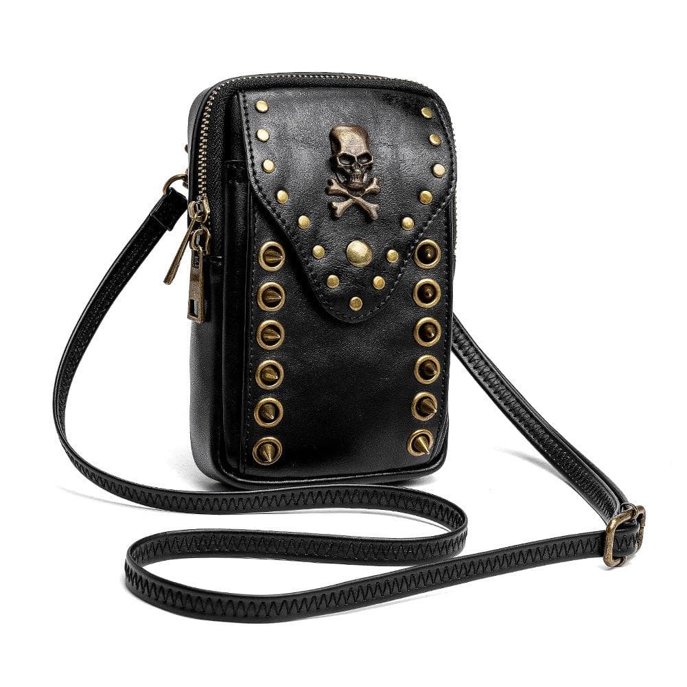 European and American Ladies' Single-shoulder Bag with Skull Rivets Outdoor Mobile Phone Case black