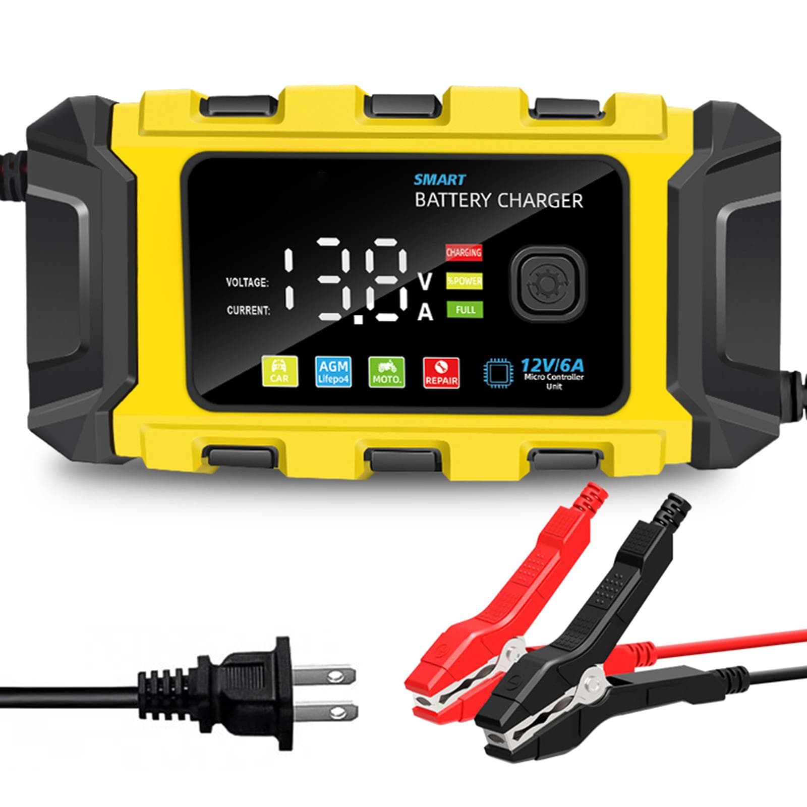 Battery Charger, 12V Intelligent Automatic Battery Charger with Large Digital Display Screen, US Plug yellow