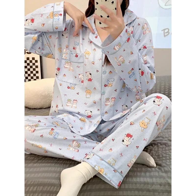 Sember Autumn Cotton Cartoon Couple Pajamas Cardigan Casual Comfortable Women's Pajamas Silk Pajamas Women's Loungewear Set XL