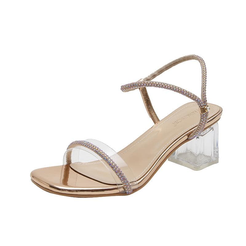 High-heeled Sandals Women's  Summer New Rhinestone One-word Belt Fashion Single Shoes Square Toe Thick Heel Shallow Mouth Women's Shoes 40