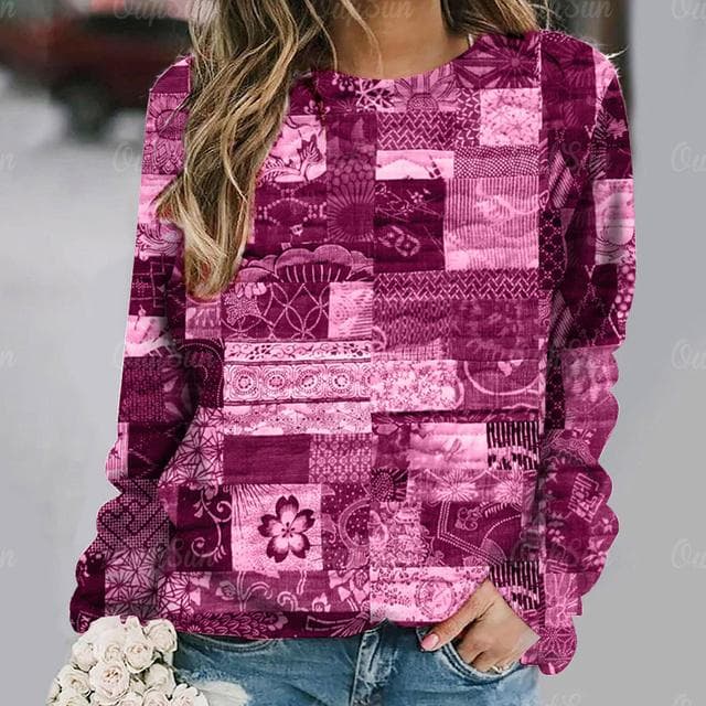 Vintage Women's T-Shirt Autumn O Neck Sweater T Shirt for Women 3D Plaid Printed Clothes Imitation Cotton Long Sleeve Pullover 4XL