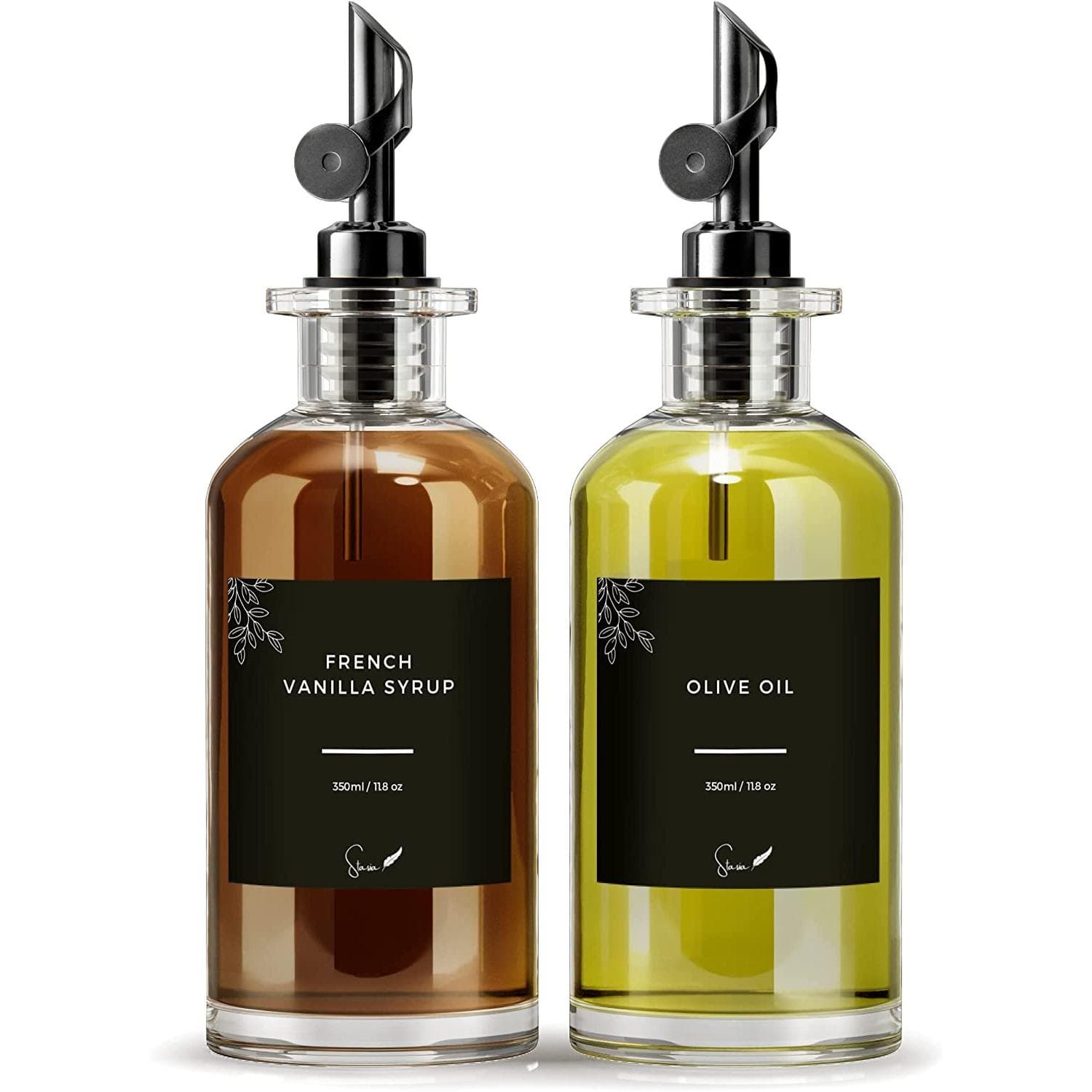 Oil and Vinegar Dispenser with Metal Pour Spout, Weighted Pourer, Olive Oil Cruet, Glass Olive Oil Bottle | 500ml, Set of 2 black