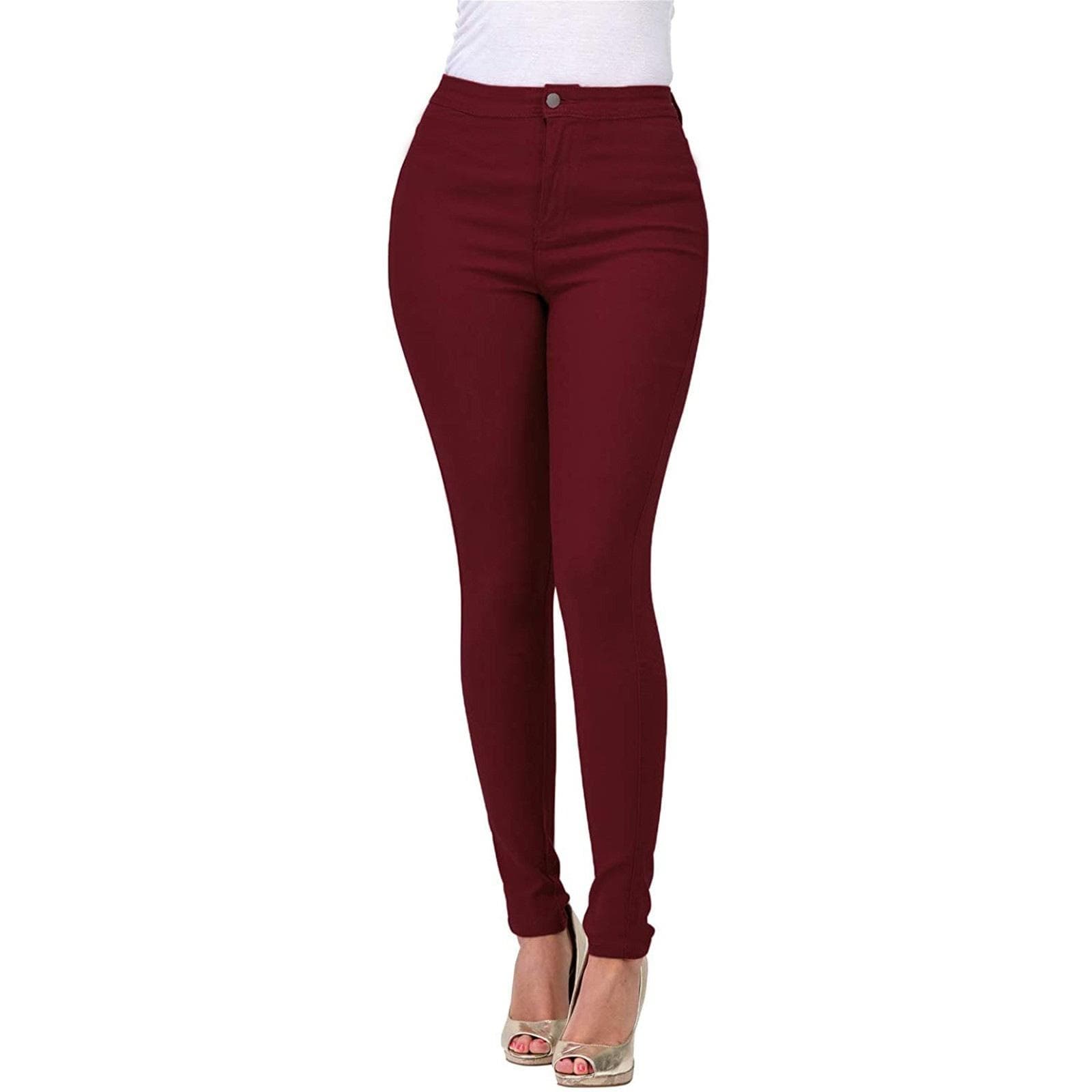 Skinny Jeans for Women Trendy High Waist Slim Fit Comfort Jeggings Jeans Stretchy Denim Pants Work Casual XL burgundy