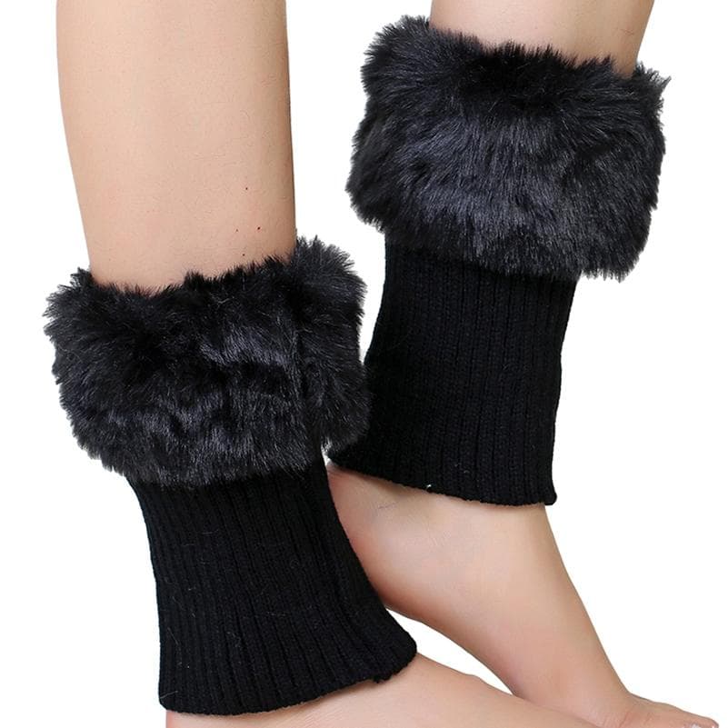 Faux Fur Solid Boot Knit Cuffs Boot Topper for Women Knitted Winter Ladies Comfy Knit Leg Warmers One Size black