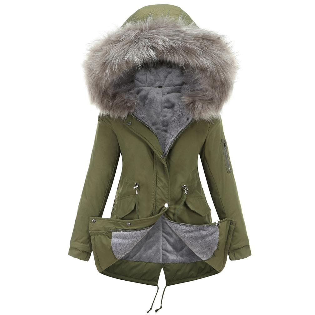Women Thickened Fleece Lined Parka Coat Mid-Length Faux Fur Hooded Winter Outdoor Padded Trench Jacket Overcoat Warm Outwear S-5XL Plus Size Oversized M army green