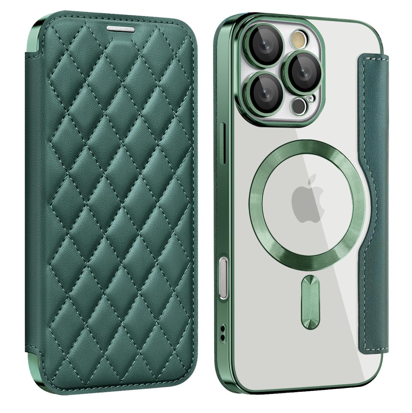 Magnetic Wallet Leather Phone Case For iPhone 17 Air 17Pro Max 15 Pro Max 16 Plus 13 12 11 Wireless Charging Flip Cover Magsafe Card Holder iPhone 13 Pro green