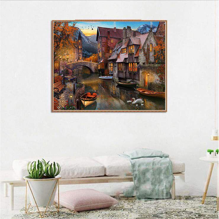 Diamond Embroidery Rhinestones Beautiful Town Cross Stitch Mosaic Handicrafts Diamond Painting 20X30CM