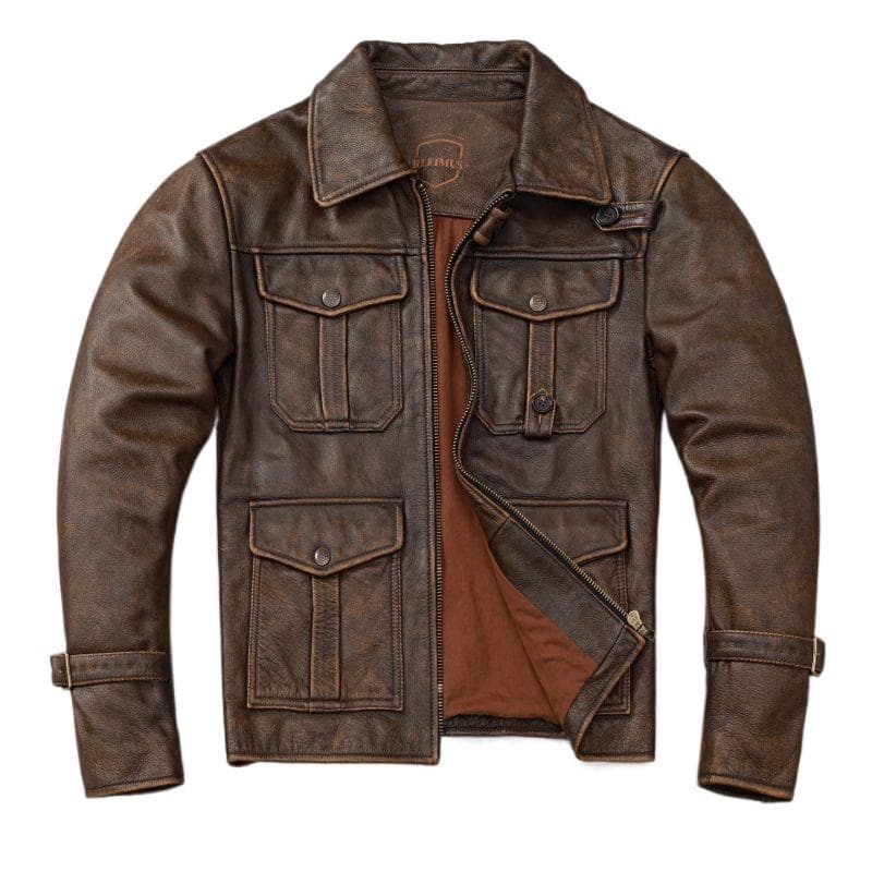 New Fashion Mens Leather Jacket Slim Retro Stone Milled Vintage Cowhide Leather Jacket Men Coats Autumn Clothes XXXL brown