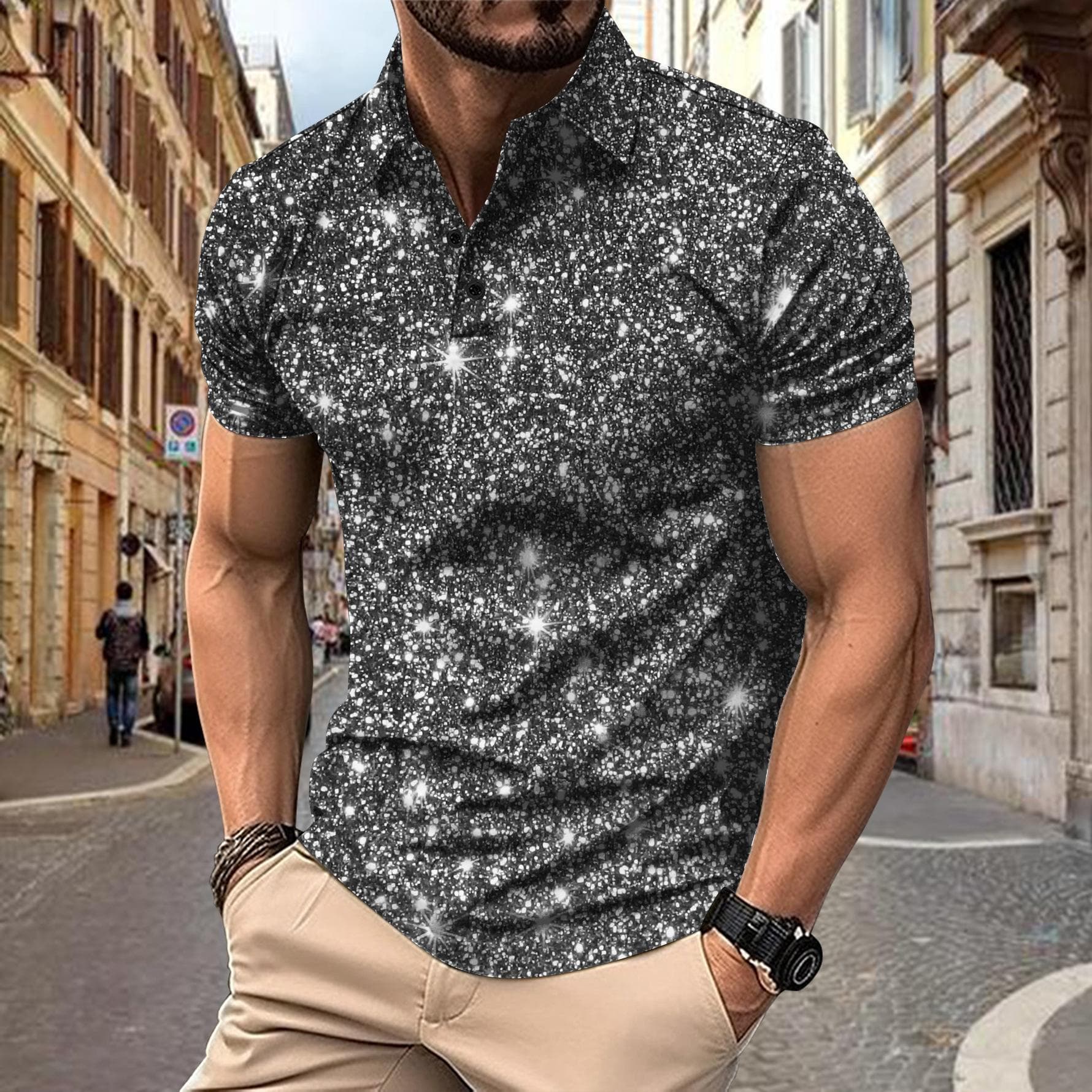 Men's Polo T-shirts Fashion Casual Short Sleeve 3D Sparkle Sequins Print Male Sports Shirt XL gray