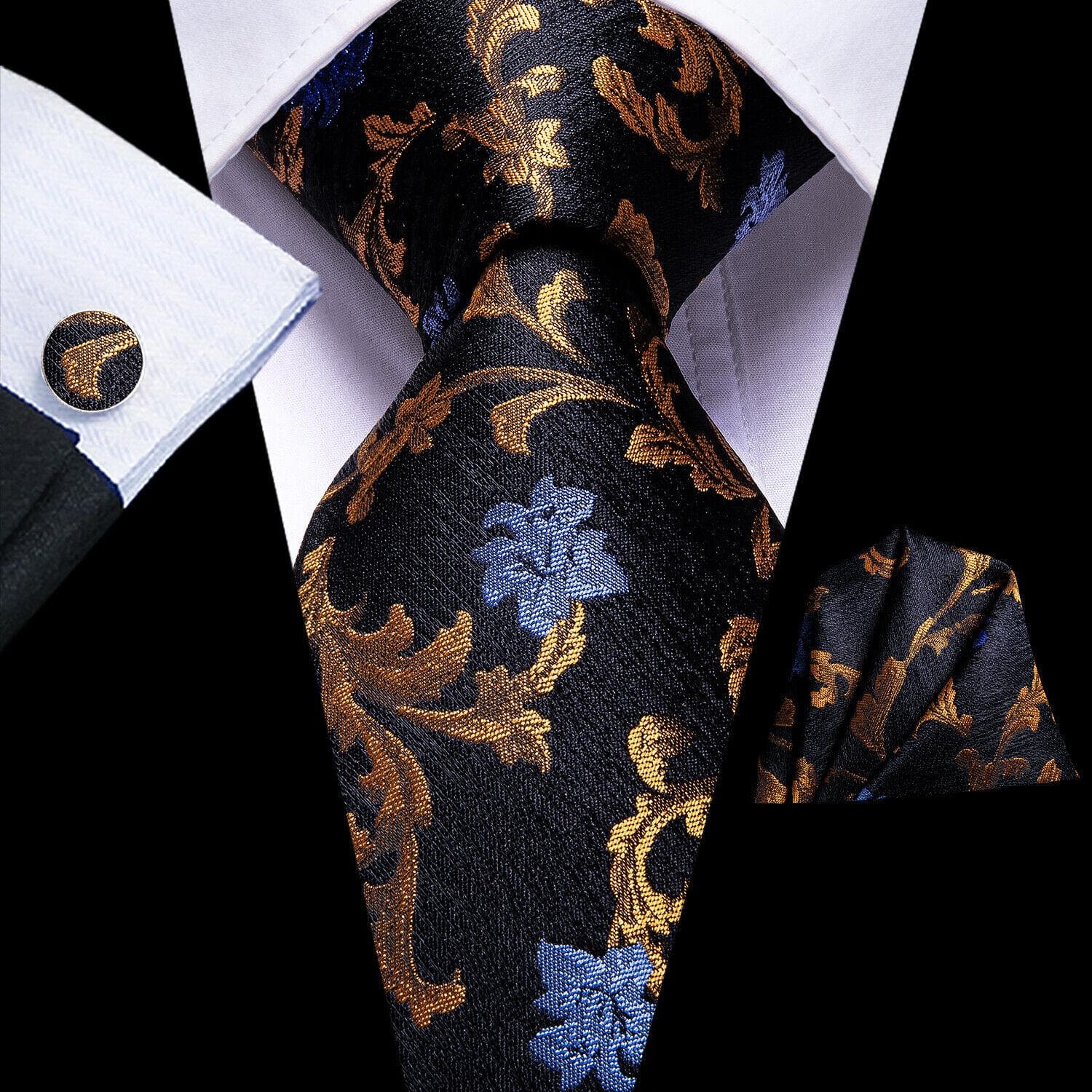Hi-Tie Mens Accessories Silk Tie Handkerchief Cufflinks Set for Wedding Party Floral Solid Necktie N-3331